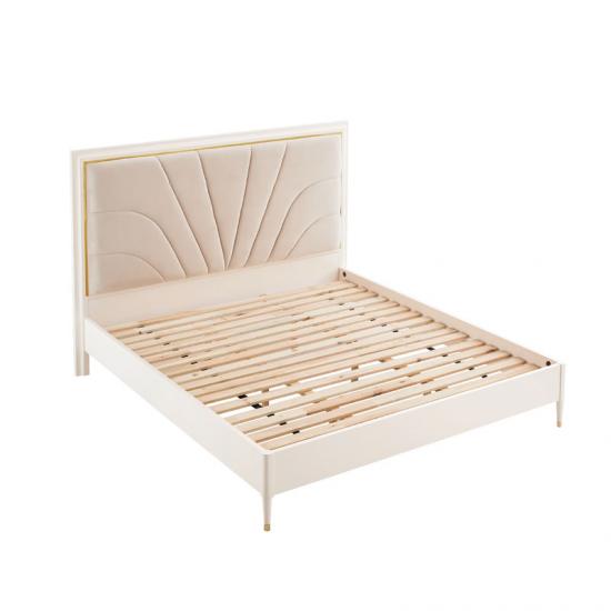 White Upholstered Bed Frame with Cloth Headboard and Wood Slat Support